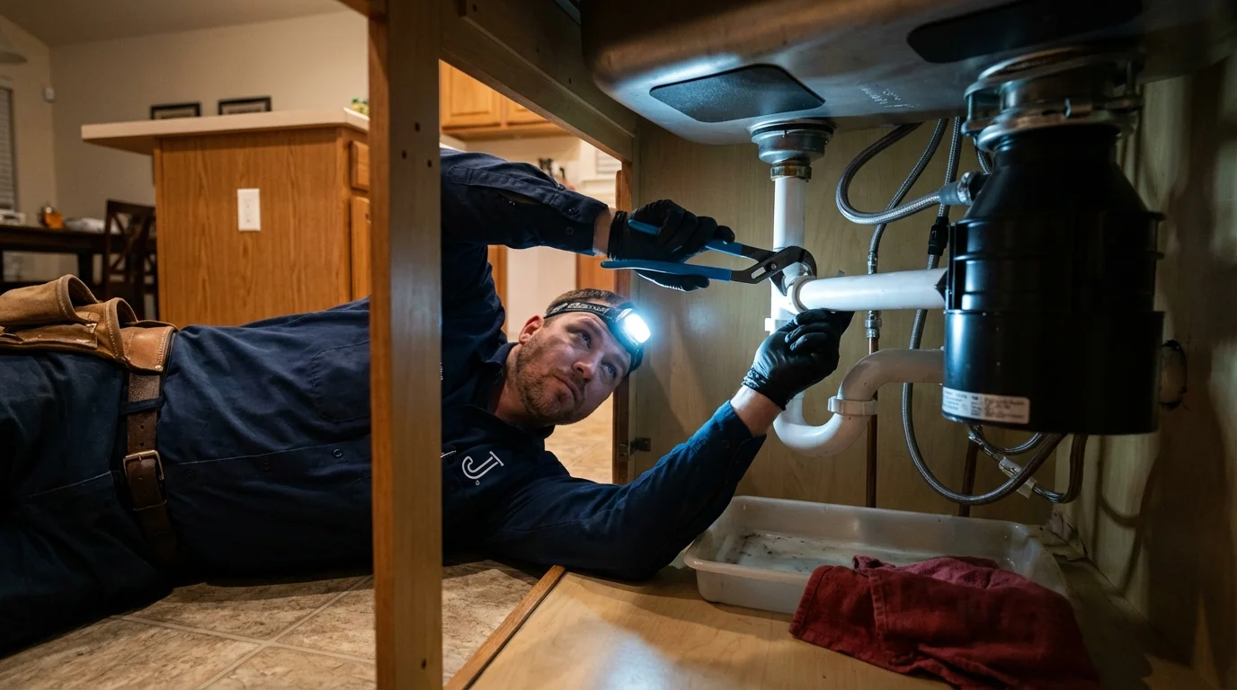 P-trap and supply line connections under a kitchen sink showing a common leak point in Lemoore, CA